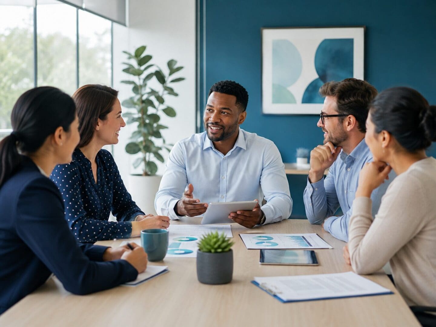Employer and employees discussing workplace health benefits during a team meeting